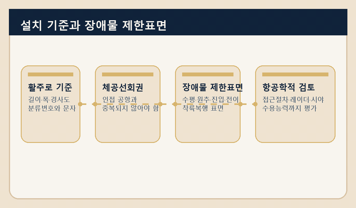 비행장 설치 기준과 장애물 제한을 시각화한 삽화